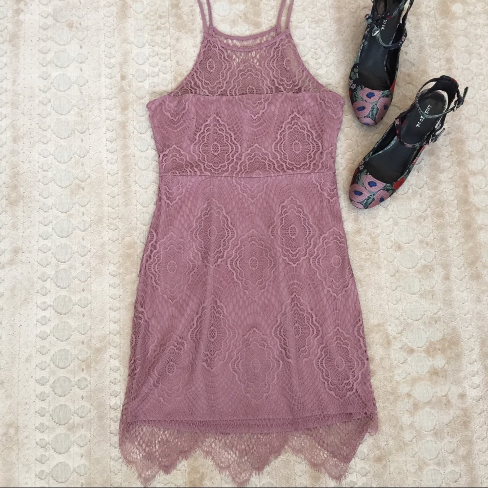 Express Mauve/Dusty Rose Pink Dress w/Lace Overlay